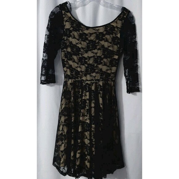 Deb Dress Black Lace Tan Lined Junior Size Small Debs Y2K - Picture 1 of 10